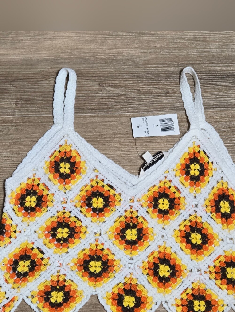 Crocheted White & Yellow Floral Crop Tank Top